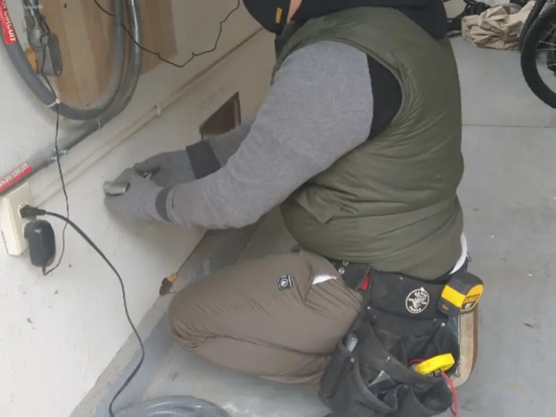 Electrician performing outlet wiring in a Clay garage